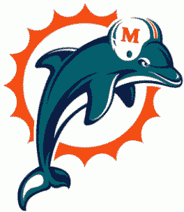 Miami Dolphins Logo - Aqua and navy dolphin leaping in front of an orange sunburst
